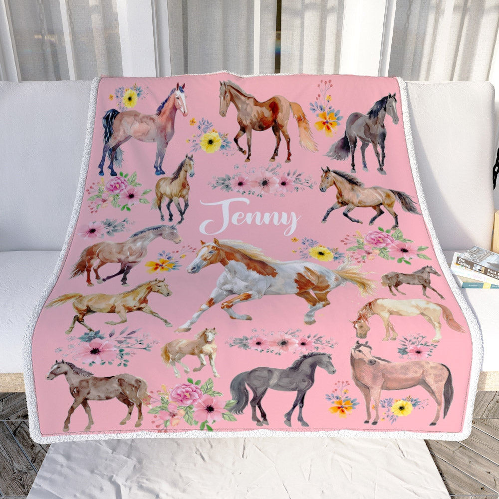 Personalized Horse Blanket For Girl Kids Women Horses Flower Floral For Daughter Niece Granddaughter Birthday Christmas Customized Bed Fleece Throw Blanket | siriusteestore