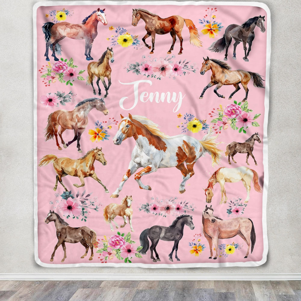 Personalized Horse Blanket For Girl Kids Women Horses Flower Floral Fo Siriustee