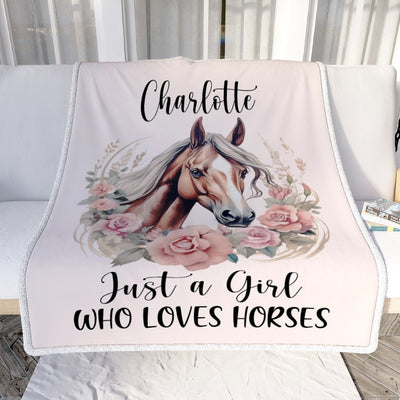 Personalized Horse Blanket Just A Girl Who Loves Horses Flower Floral For Daughter Girl Women Birthday Graduation Christmas Customized Fleece Blanket
