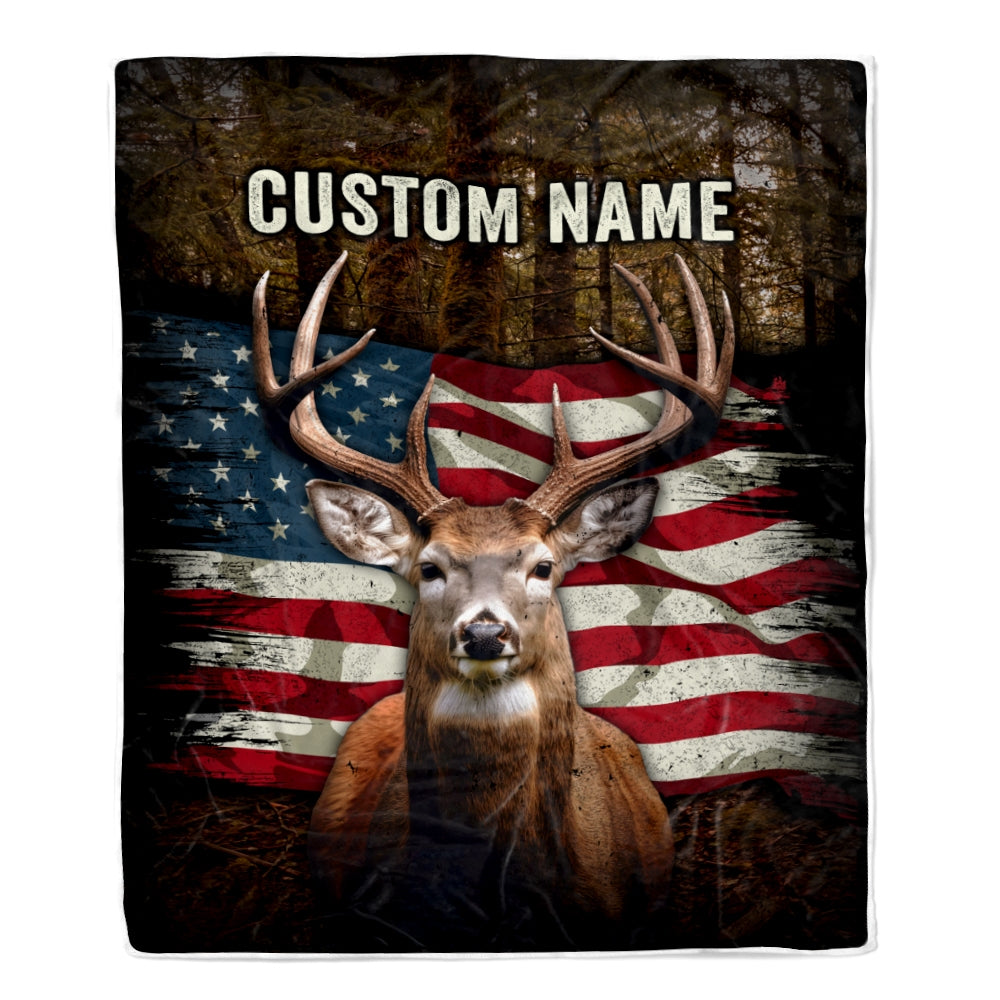 Personalized Hunting Blanket American Flag Deer For Son Dad Grandpa Papa Uncle Husband Hunter For Men Birthday Customized Christmas Fleece Throw Blanket | siriusteestore
