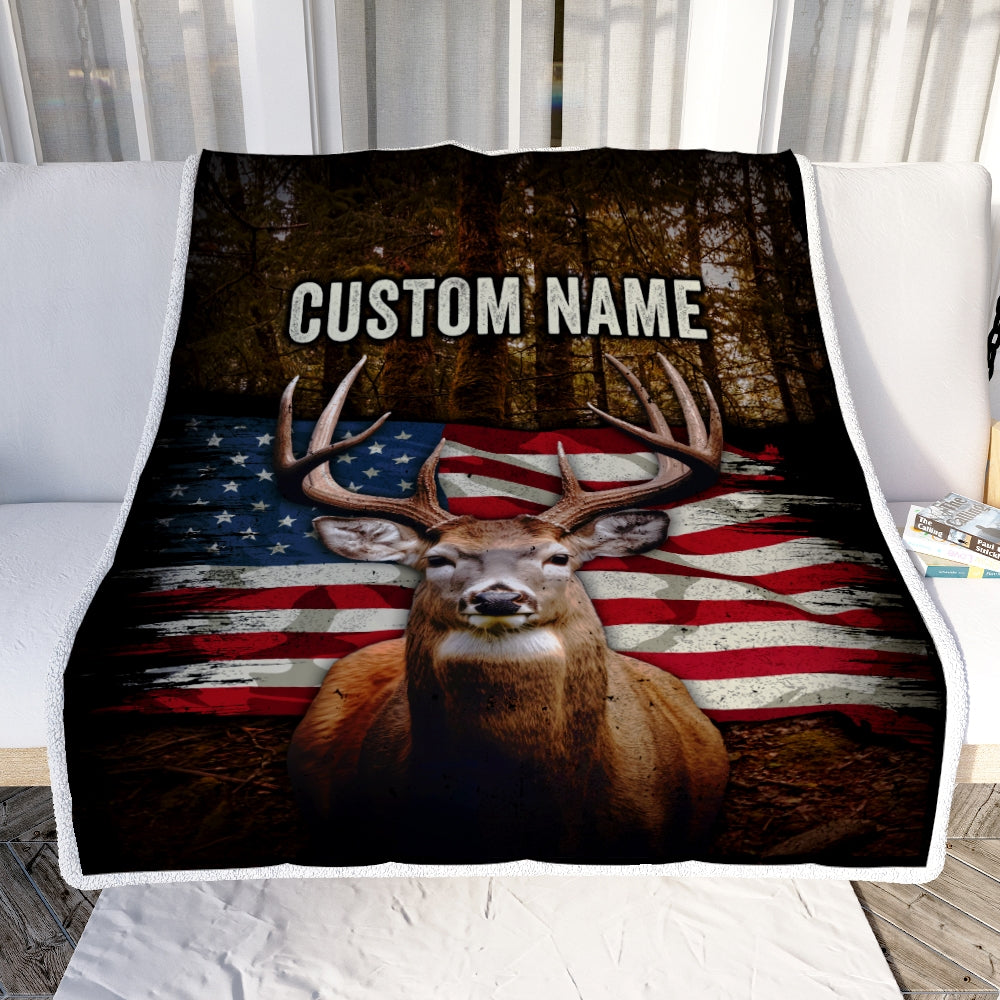 Personalized Hunting Blanket American Flag Deer For Son Dad Grandpa Papa Uncle Husband Hunter For Men Birthday Customized Christmas Fleece Throw Blanket | siriusteestore
