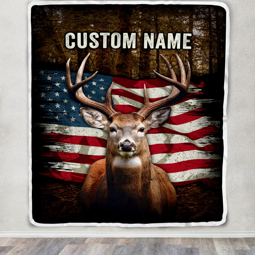 Personalized Hunting Blanket American Flag Deer For Son Dad Grandpa Papa Uncle Husband Hunter For Men Birthday Customized Christmas Fleece Throw Blanket | siriusteestore
