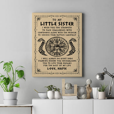 Personalized Little Sister Viking Canvas I Wish You The Strength Scandinavian Norse Runes Viking For Women Sister Birthday Gifts Custom Wall Art Print Framed Canvas | siriusteestore