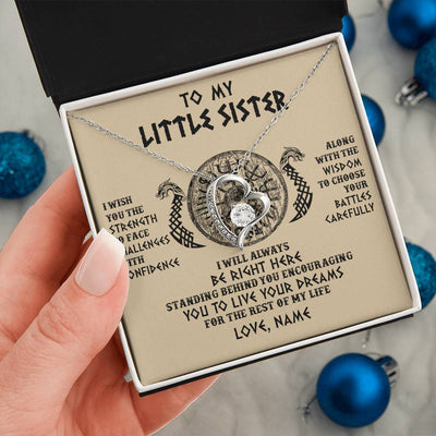 Forever Love Necklace 14K White Gold Finish | 2 | Personalized Little Sister Viking Necklace I Wish You The Strength Scandinavian Norse Runes Viking For Women Sister Birthday Customized Gift Box Message Card | siriusteestore