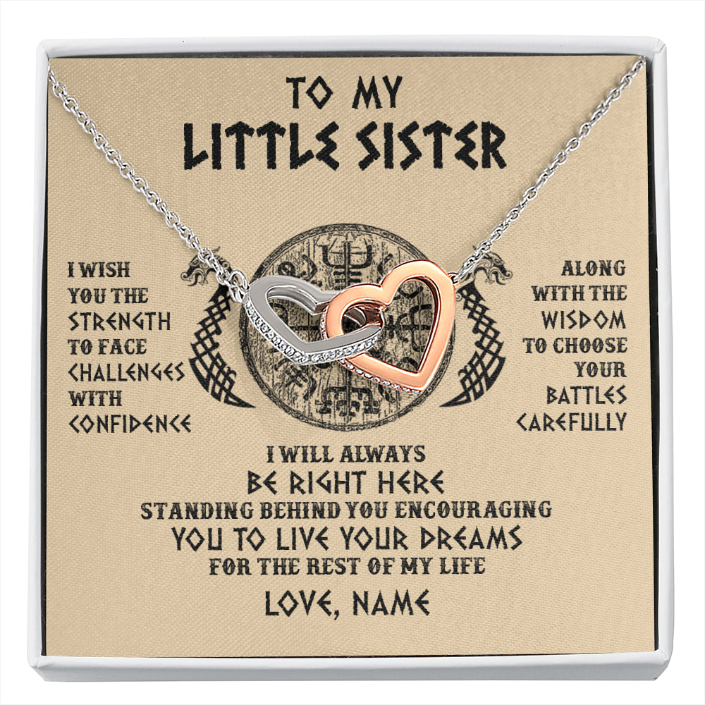 Interlocking Hearts Necklace Stainless Steel & Rose Gold Finish | 1 | Personalized Little Sister Viking Necklace I Wish You The Strength Scandinavian Norse Runes Viking For Women Sister Birthday Customized Gift Box Message Card | siriusteestore