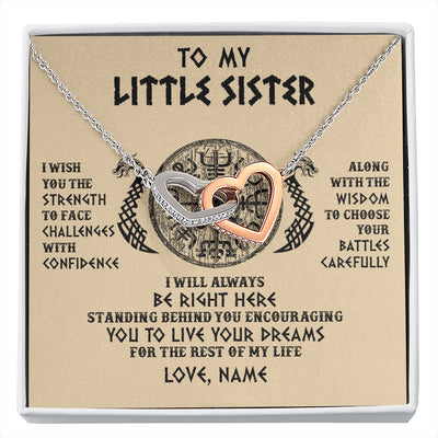 Interlocking Hearts Necklace Stainless Steel & Rose Gold Finish | 1 | Personalized Little Sister Viking Necklace I Wish You The Strength Scandinavian Norse Runes Viking For Women Sister Birthday Customized Gift Box Message Card | siriusteestore