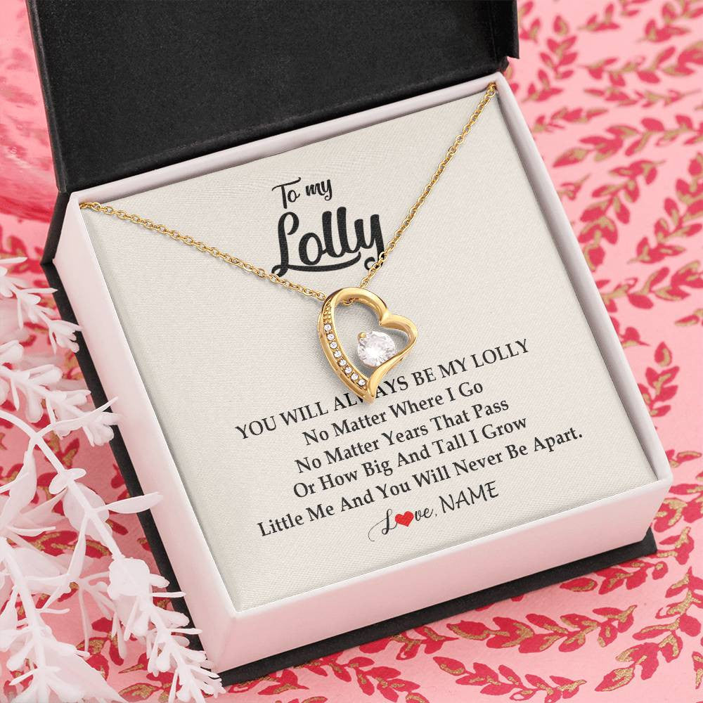 Forever Love Necklace 18K Yellow Gold Finish | Personalized Lolly Necklace From Grandkids Granddaughter Grandson You Will Always Be My Lolly Birthday Mothers Day Christmas Customized Gift Box Message Card | siriusteestore