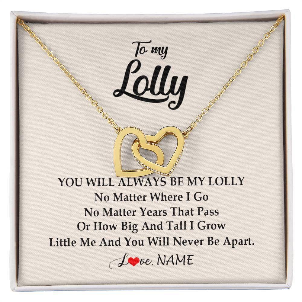 Interlocking Hearts Necklace 18K Yellow Gold Finish | Personalized Lolly Necklace From Grandkids Granddaughter Grandson You Will Always Be My Lolly Birthday Mothers Day Christmas Customized Gift Box Message Card | siriusteestore