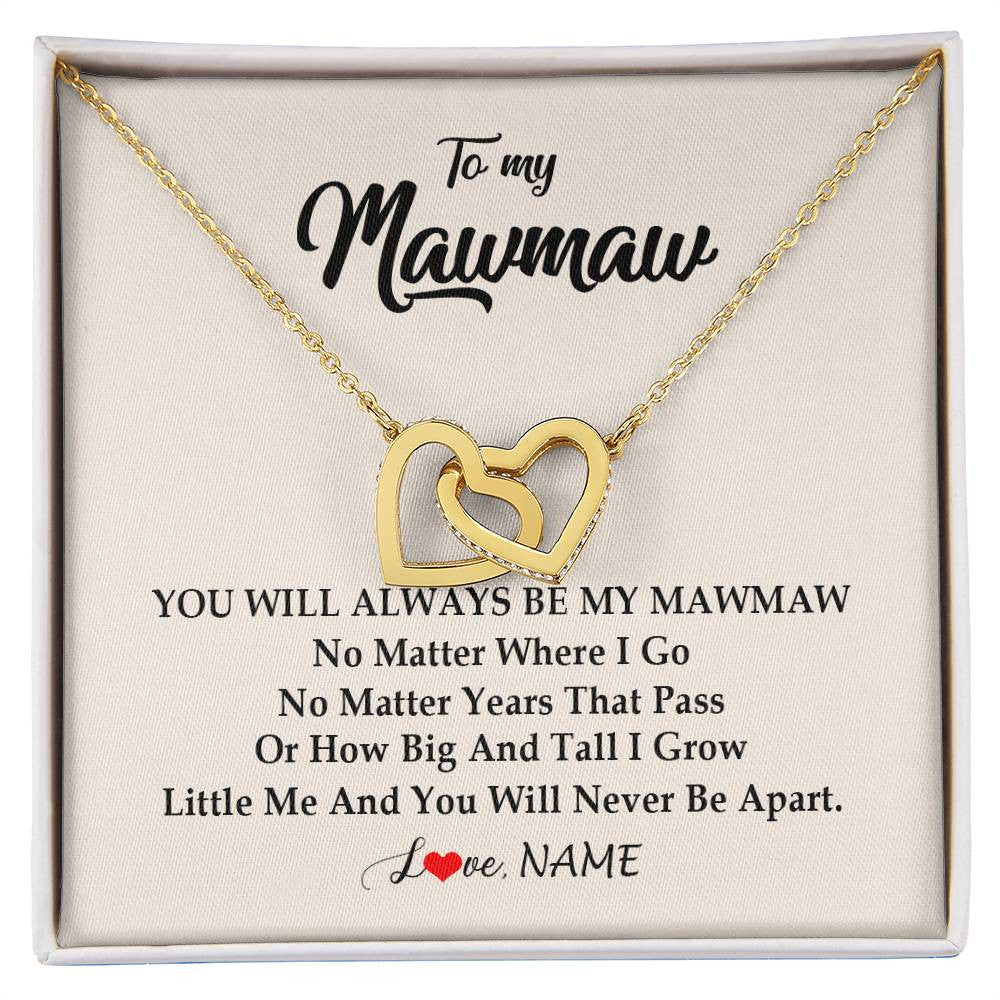 Interlocking Hearts Necklace 18K Yellow Gold Finish | Personalized Mawmaw Necklace From Grandkids Granddaughter Grandson You Will Always Be My Mawmaw Birthday Mothers Day Christmas Customized Gift Box Message Card | siriusteestore