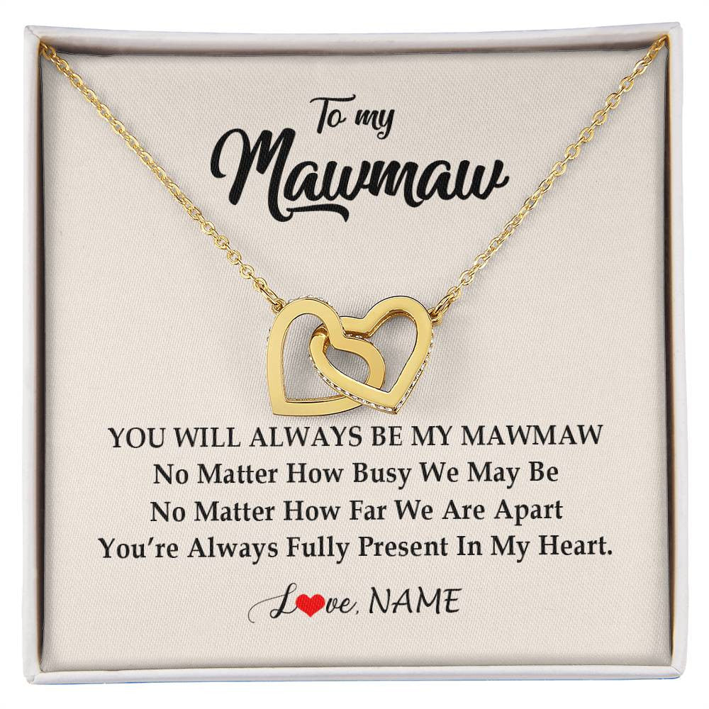 Interlocking Hearts Necklace 18K Yellow Gold Finish | Personalized Mawmaw Necklace From Grandkids Granddaughter Grandson You're Always In My Heart Mawmaw Birthday Mothers Day Customized Gift Box Message Card | siriusteestore