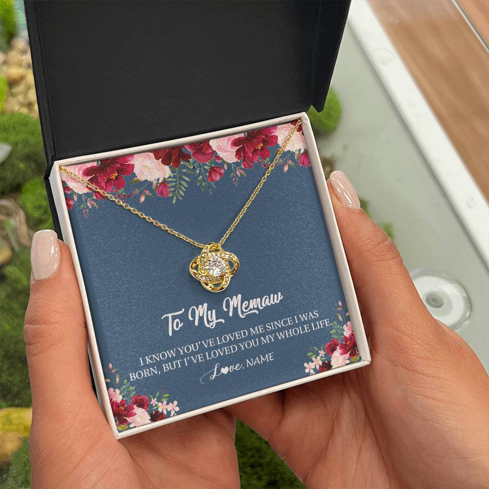 Love Knot Necklace 18K Yellow Gold Finish | Personalized Memaw Necklace From Grandkids Granddaughter Grandson I've Loved You My Whole Life Floral Memaw Birthday Mothers Day Christmas Customized Message Card | siriusteestore