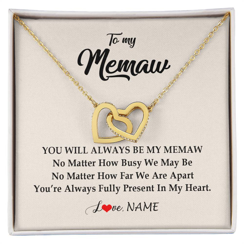 Interlocking Hearts Necklace 18K Yellow Gold Finish | Personalized Memaw Necklace From Grandkids Granddaughter Grandson You're Always In My Heart Memaw Birthday Mothers Day Jewelry Customized Gift Box Message Card | siriusteestore