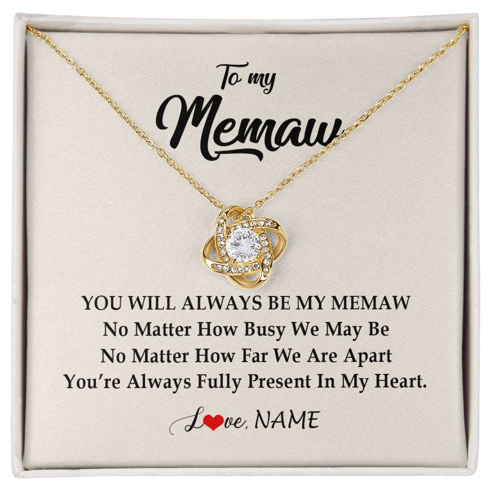Love Knot Necklace 18K Yellow Gold Finish | Personalized Memaw Necklace From Grandkids Granddaughter Grandson You're Always In My Heart Memaw Birthday Mothers Day Jewelry Customized Gift Box Message Card | siriusteestore