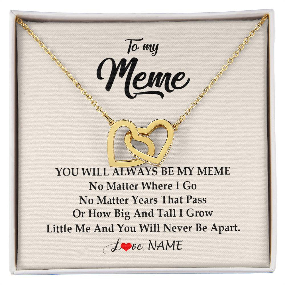 Interlocking Hearts Necklace 18K Yellow Gold Finish | Personalized Meme Necklace From Grandkids Granddaughter Grandson You Will Always Be My Meme Birthday Mothers Day Christmas Customized Gift Box Message Card | siriusteestore