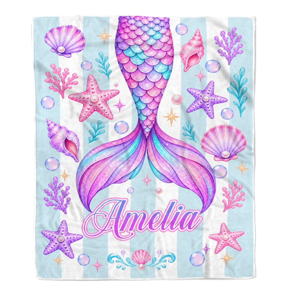 Personalized Mermaid Tail Blanket For Girls Custom Name Daughter Kids Beach Theme Birthday Gift Toddler Bedroom Decor Ocean Sea Creatures Fleece Throw Blanket | siriusteestore