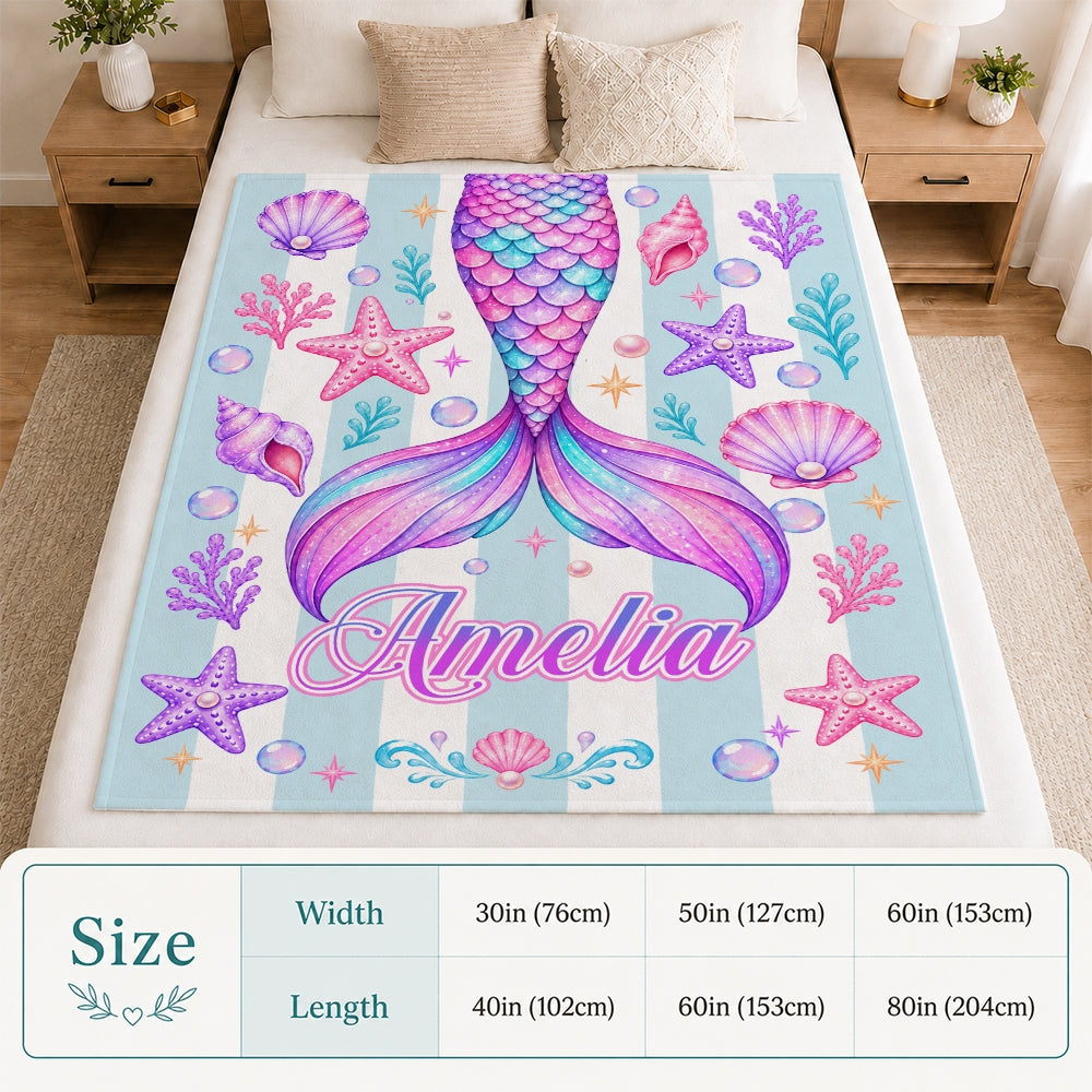 Personalized Mermaid Tail Blanket For Girls Custom Name Daughter Kids Beach Theme Birthday Gift Toddler Bedroom Decor Ocean Sea Creatures Fleece Throw Blanket | siriusteestore