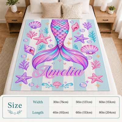 Personalized Mermaid Tail Blanket For Girls Custom Name Daughter Kids Beach Theme Birthday Gift Toddler Bedroom Decor Ocean Sea Creatures Fleece Throw Blanket | siriusteestore