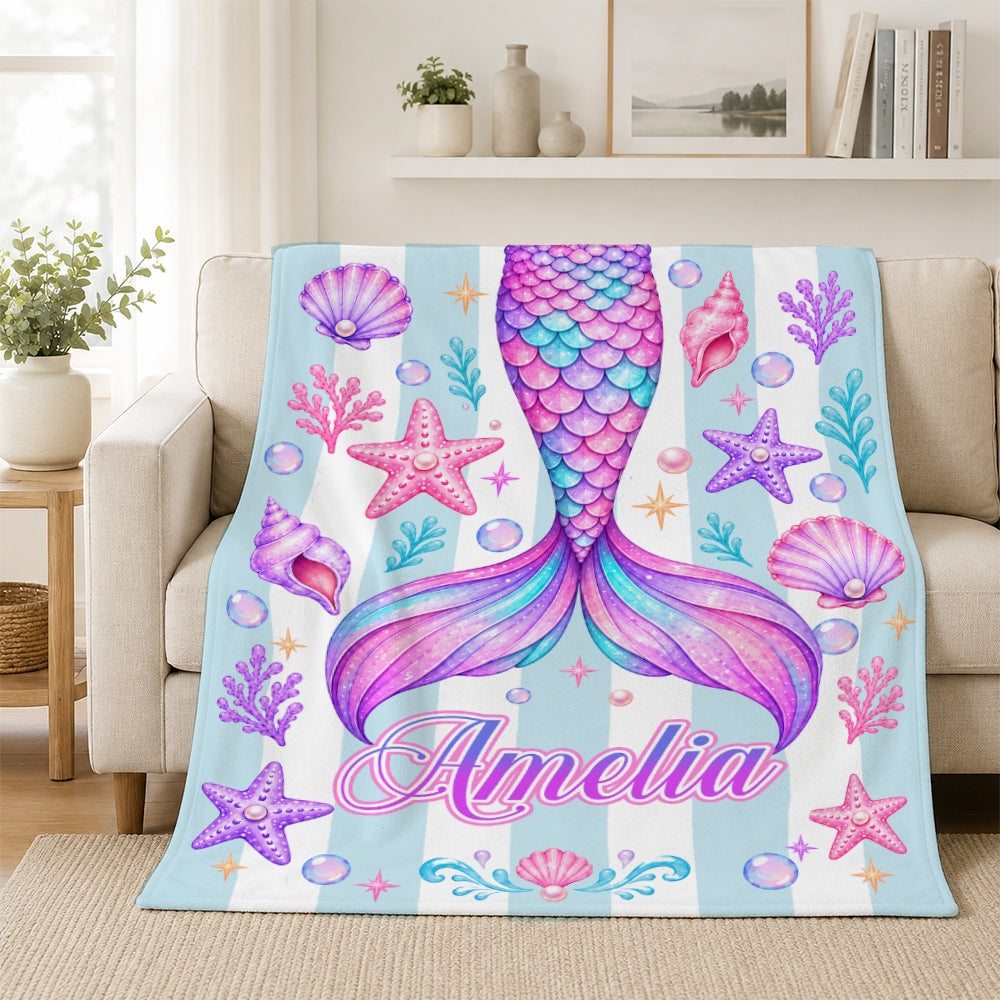 Personalized Mermaid Tail Blanket For Girls Custom Name Daughter Kids Beach Theme Birthday Gift Toddler Bedroom Decor Ocean Sea Creatures Fleece Throw Blanket | siriusteestore