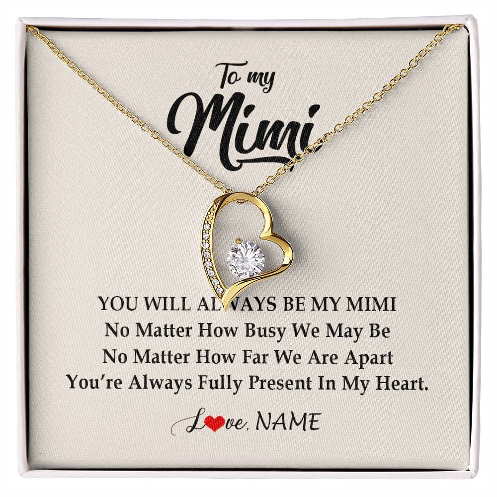Forever Love Necklace 18K Yellow Gold Finish | Personalized Mimi Necklace From Grandkids Granddaughter Grandson You're Always In My Heart Mimi Birthday Mothers Day Christmas Customized Gift Box Message Card | siriusteestore