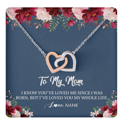 Interlocking Hearts Necklace Stainless Steel & Rose Gold Finish | 1 | Personalized Mom Necklace From Daughter Son I've Loved You My Whole Life Floral Mom Birthday Mothers Day Christmas Customized Message Card | siriusteestore