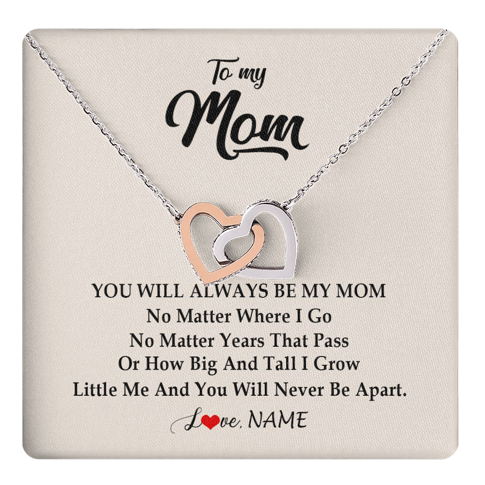 Interlocking Hearts Necklace Stainless Steel & Rose Gold Finish | 1 | Personalized Mom Necklace From Daughter Son You Will Always Be My Mom Birthday Mothers Day Christmas Customized Gift Box Message Card | siriusteestore
