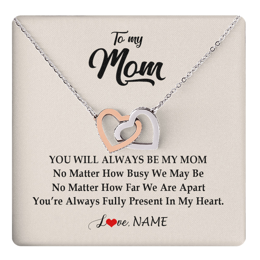 Interlocking Hearts Necklace Stainless Steel & Rose Gold Finish | 1 | Personalized Mom Necklace From Daughter Son You're Always In My Heart Mom Birthday Mothers Day Christmas Jewelry Pendant Customized Gift Box Message Card | siriusteestore