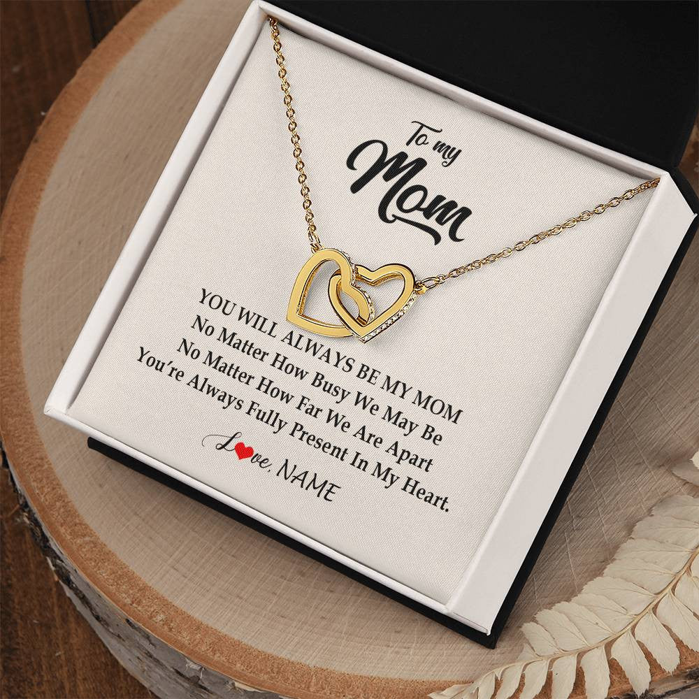 Interlocking Hearts Necklace 18K Yellow Gold Finish | Personalized Mom Necklace From Daughter Son You're Always In My Heart Mom Birthday Mothers Day Christmas Jewelry Pendant Customized Gift Box Message Card | siriusteestore