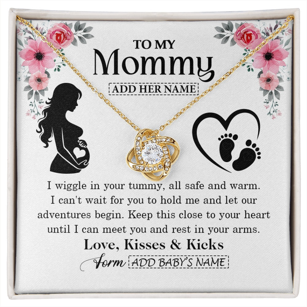 Love Knot Necklace 18K Yellow Gold Finish | 1 | Personalized Mom To Be Gift Pregnancy Gifts For Expecting Mommy Necklace For Women New Mother Present Mothers Day Jewellery Idea Custom Gift Box Message Card | https://siriusteestore.