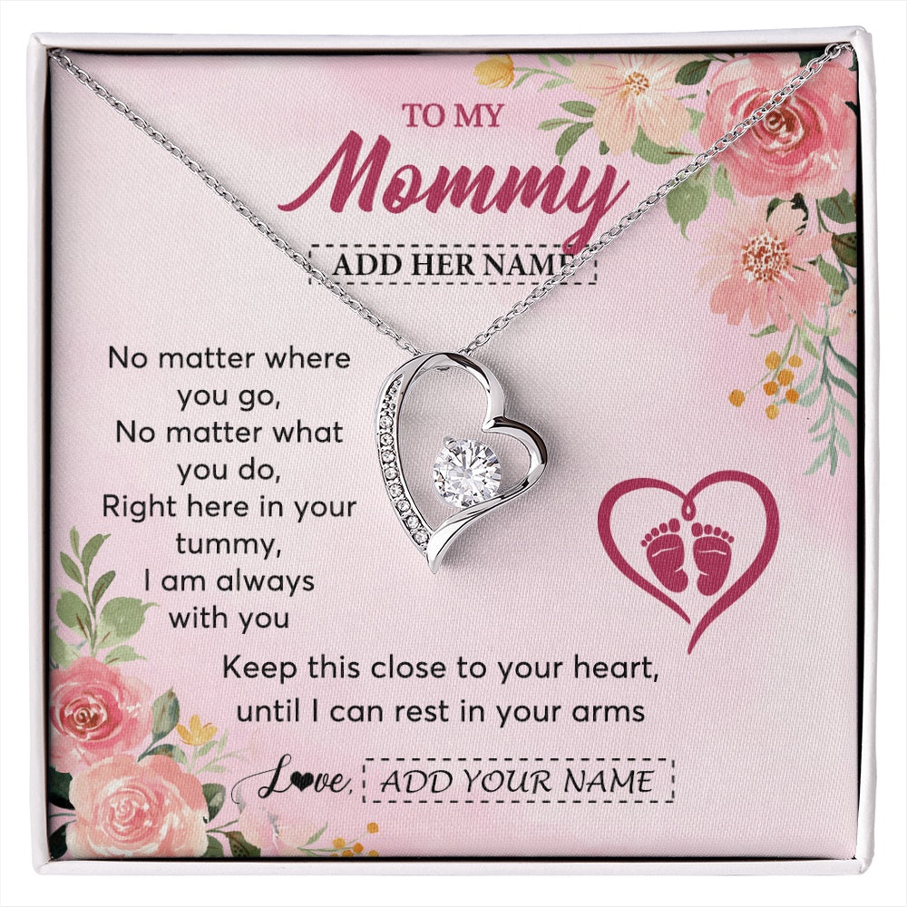 Forever Love Necklace 14K White Gold Finish | 1 | Personalized Mommy To Be Gift Pregnancy Gifts To My Mommy From Baby Bump Necklace Expecting Mom Gifts New Mothers Day Jewellery Custom Gift Box Message Card | https://siriusteestore.