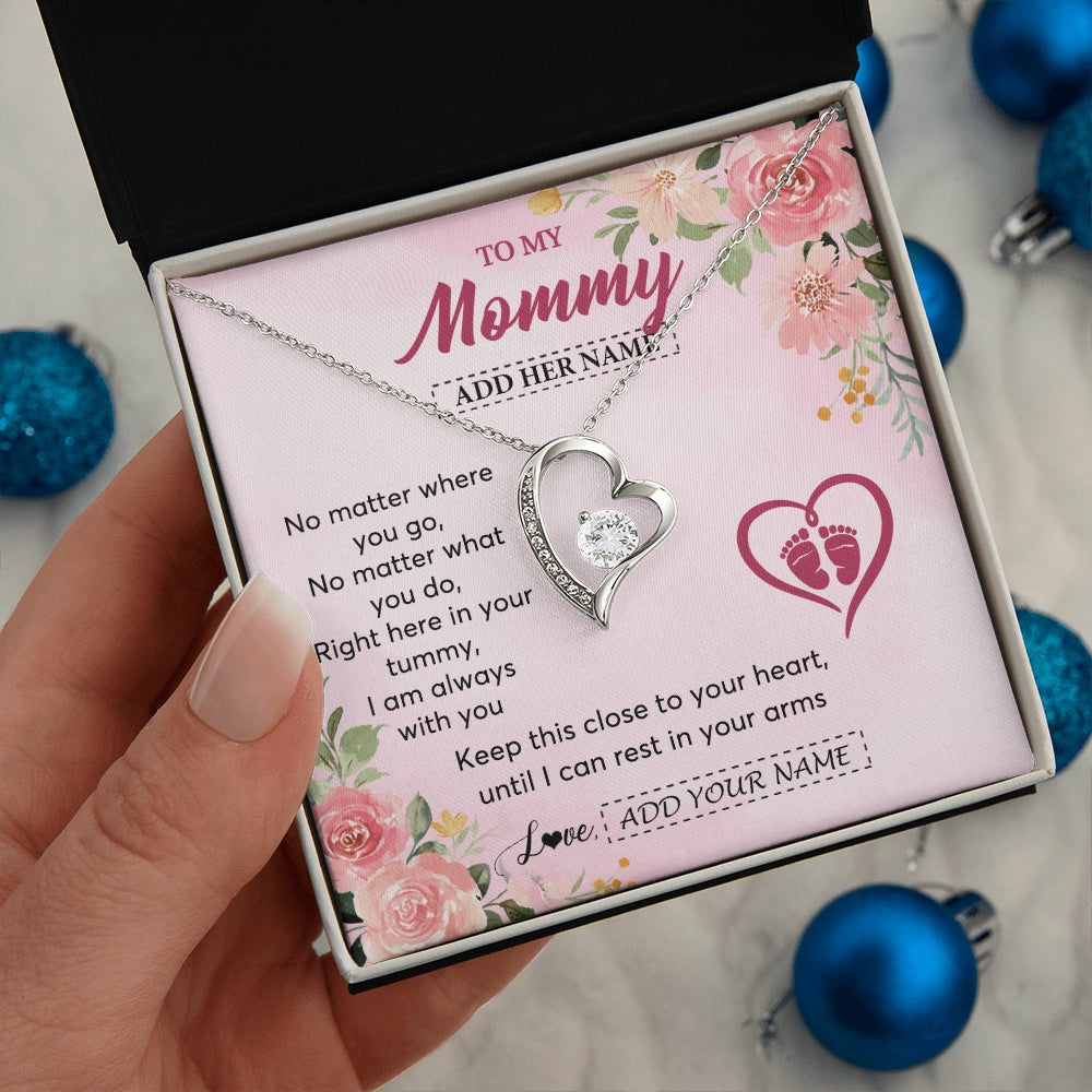 Forever Love Necklace 14K White Gold Finish | 2 | Personalized Mommy To Be Gift Pregnancy Gifts To My Mommy From Baby Bump Necklace Expecting Mom Gifts New Mothers Day Jewellery Custom Gift Box Message Card | https://siriusteestore.