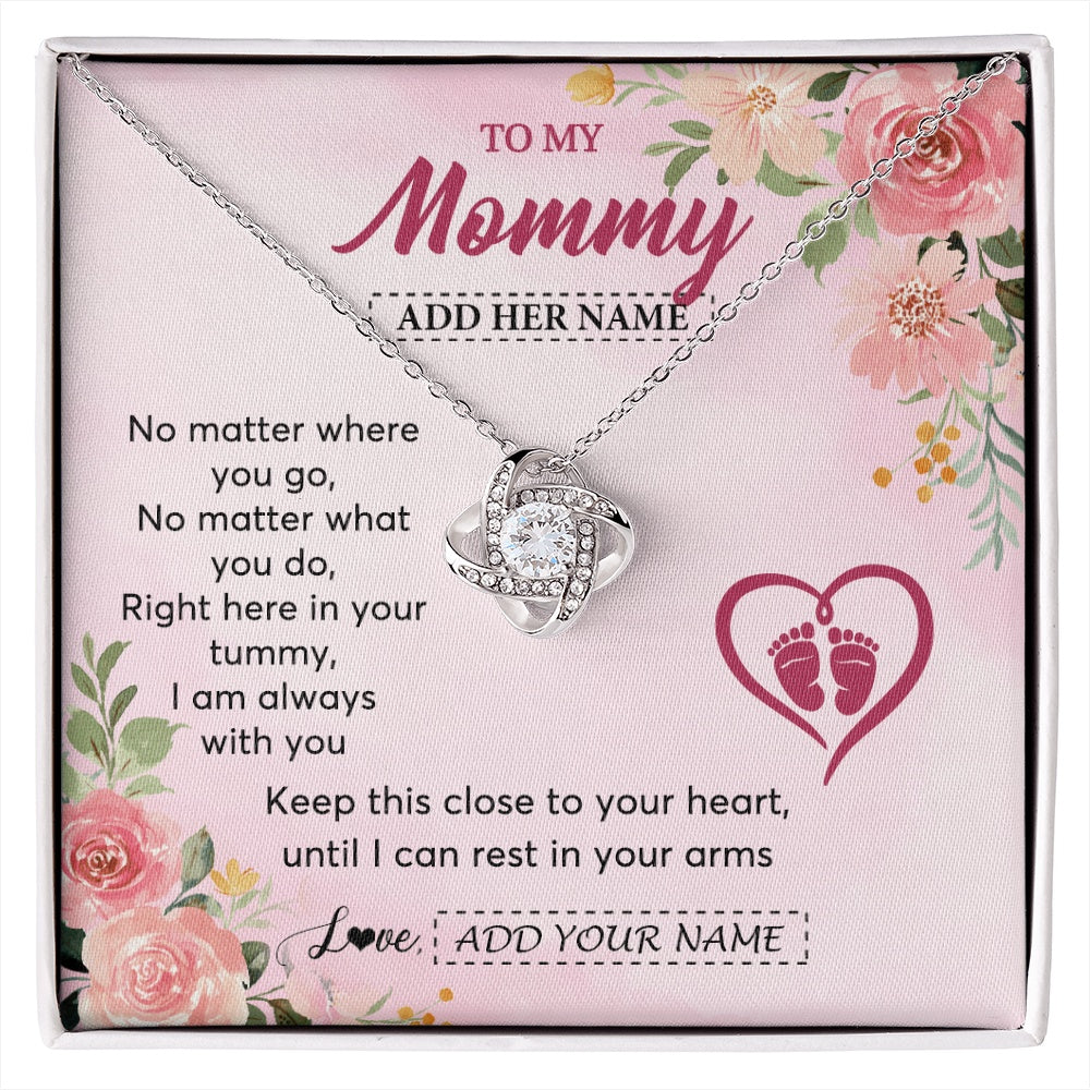 Love Knot Necklace 14K White Gold Finish | 1 | Personalized Mommy To Be Gift Pregnancy Gifts To My Mommy From Baby Bump Necklace Expecting Mom Gifts New Mothers Day Jewellery Custom Gift Box Message Card | https://siriusteestore.