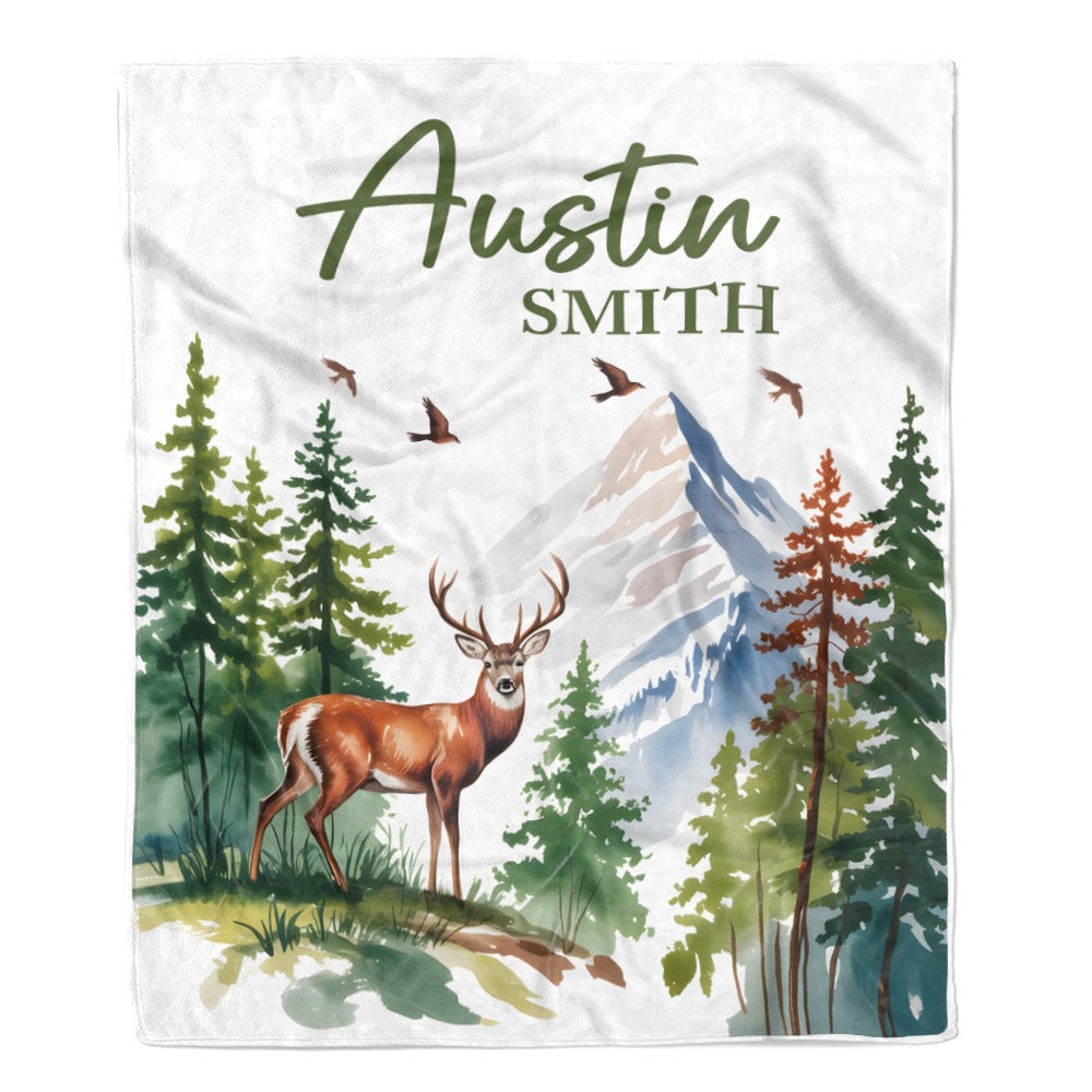 Personalized Mountain Forest Deer Baby Shower Blanket With Custom Name For Boy Newborn Expect Mom Customized Gifts For Birthday Christmas Fleece Throw Blanket | siriusteestore