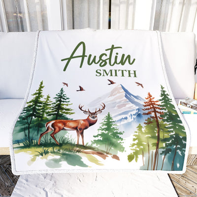 Personalized Mountain Forest Deer Baby Shower Blanket With Custom Name For Boy Newborn Expect Mom Customized Gifts For Birthday Christmas Fleece Throw Blanket | siriusteestore
