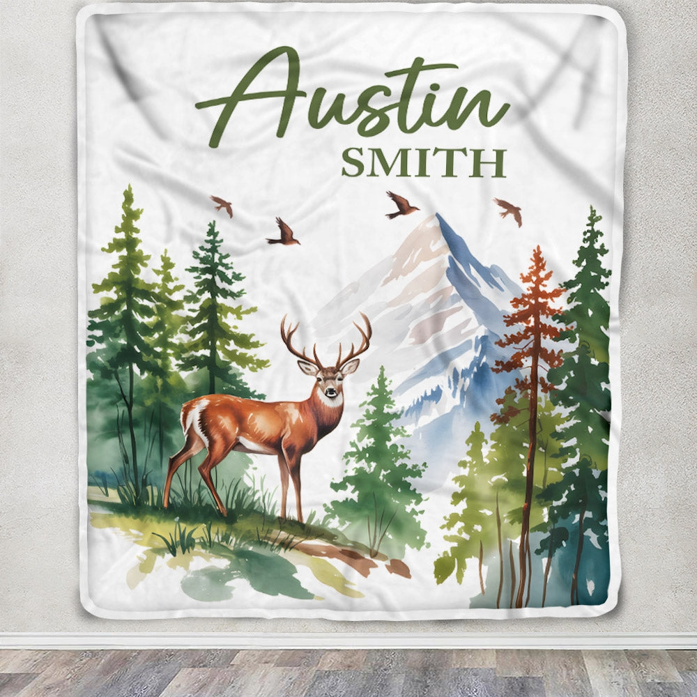 Personalized Mountain Forest Deer Baby Shower Blanket With Custom Name For Boy Newborn Expect Mom Customized Gifts For Birthday Christmas Fleece Throw Blanket | siriusteestore