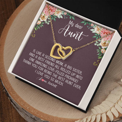 Interlocking Hearts Necklace 18K Yellow Gold Finish | Personalized My Dear Aunt Necklace From Niece Nephew Like A Second Mom Big Sister Aunt Jewelry Birthday Monthers Day Christmas Customized Gift Box Message Card | siriusteestore