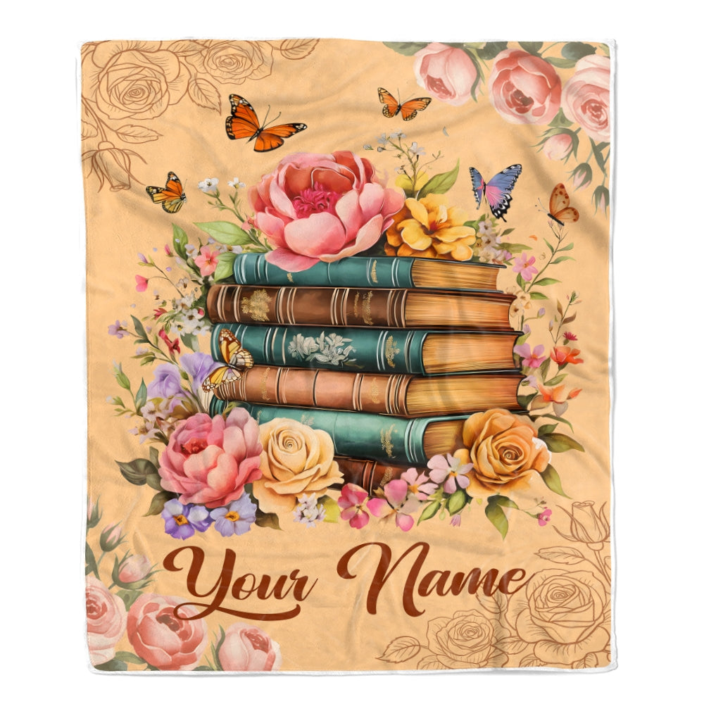 Personalized Name Books Blanket For Women Girl Reading Book Lover Floral Butterfly Vintage Library Gifts Daughter Birthday Christmas Custom Fleece Blanket | siriusteestore
