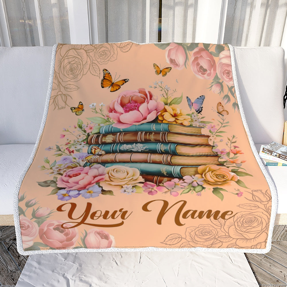 Personalized Name Books Blanket For Women Girl Reading Book Lover Floral Butterfly Vintage Library Gifts Daughter Birthday Christmas Custom Fleece Blanket | siriusteestore