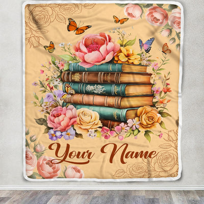 Personalized Name Books Blanket For Women Girl Reading Book Lover Floral Butterfly Vintage Library Gifts Daughter Birthday Christmas Custom Fleece Blanket | siriusteestore