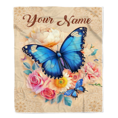 Personalized Name Butterfly Blanket For Women Girl Floral Bouquet Colorful Flowers Gifts Daughter Granddaughter Birthday Christmas Custom Fleece Throw Blanket | siriusteestore
