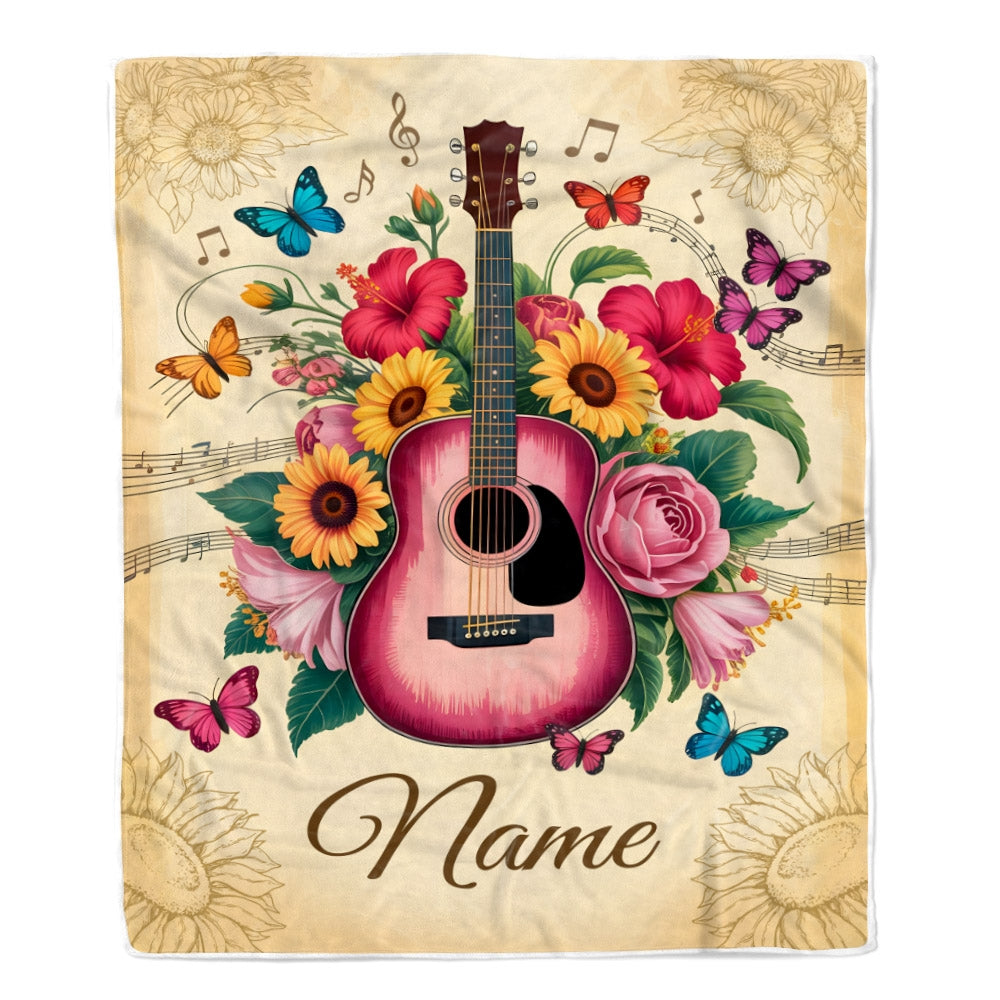 Personalized Name Guitar Blanket For Women Girl Music Lover Floral Butterfly Boho Flowers Daughter Birthday Gifts Christmas Custom Fleece Throw Blanket | siriusteestore