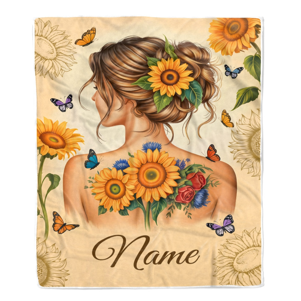 Personalized Name Sunflower Blanket For Women Girl Butterfly Floral Beauty Gifts Daughter Niece Granddaughter Birthday Christmas Custom Fleece Throw Blanket | siriusteestore