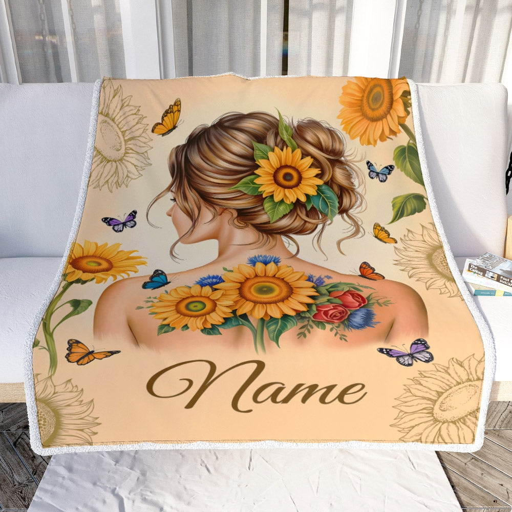 Personalized Name Sunflower Blanket For Women Girl Butterfly Floral Beauty Gifts Daughter Niece Granddaughter Birthday Christmas Custom Fleece Throw Blanket | siriusteestore
