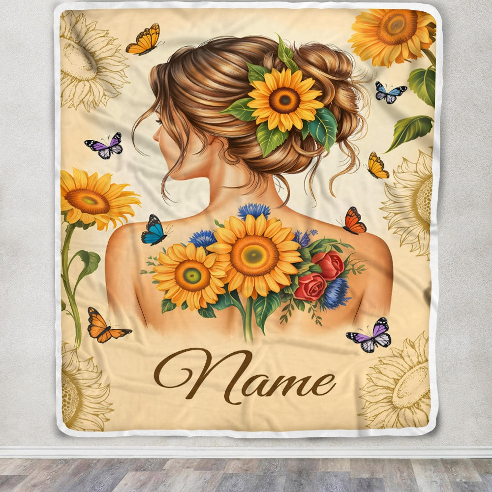 Personalized Name Sunflower Blanket For Women Girl Butterfly Floral Beauty Gifts Daughter Niece Granddaughter Birthday Christmas Custom Fleece Throw Blanket | siriusteestore