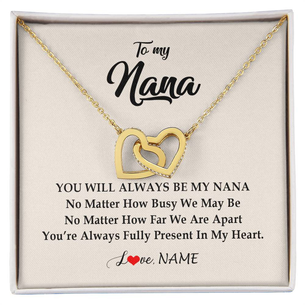 Interlocking Hearts Necklace 18K Yellow Gold Finish | Personalized Nana Necklace From Grandkids Granddaughter Grandson You're Always In My Heart Nana Birthday Mothers Day Christmas Customized Gift Box Message Card | siriusteestore