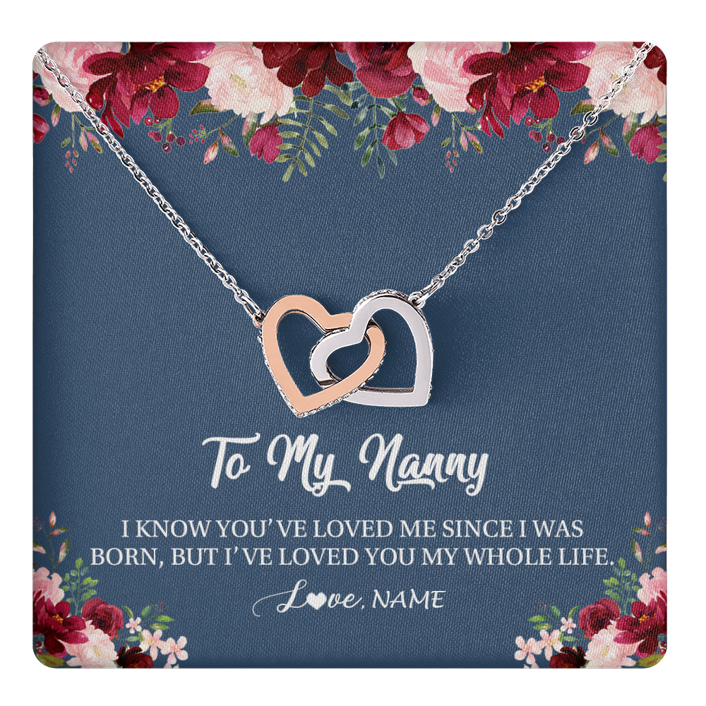 Interlocking Hearts Necklace Stainless Steel & Rose Gold Finish | 1 | Personalized Nanny Necklace I've Loved You My Whole Life Floral Nanny Birthday Mothers Day Christmas Customized Message Card | siriusteestore