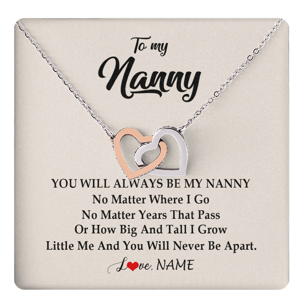 Interlocking Hearts Necklace Stainless Steel & Rose Gold Finish | 1 | Personalized Nanny Necklace You Will Always Be My Nanny Birthday Mothers Day Christmas Customized Gift Box Message Card | siriusteestore