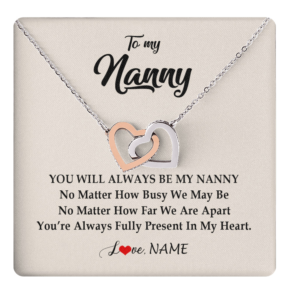 Interlocking Hearts Necklace Stainless Steel & Rose Gold Finish | 1 | Personalized Nanny Necklace You're Always In My Heart Nanny Birthday Mothers Day Christmas Jewelry Pendant Customized Gift Box Message Card | siriusteestore