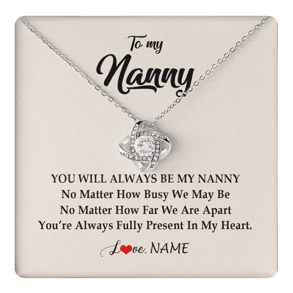 Love Knot Necklace 14K White Gold Finish | 1 | Personalized Nanny Necklace You're Always In My Heart Nanny Birthday Mothers Day Christmas Jewelry Pendant Customized Gift Box Message Card | siriusteestore