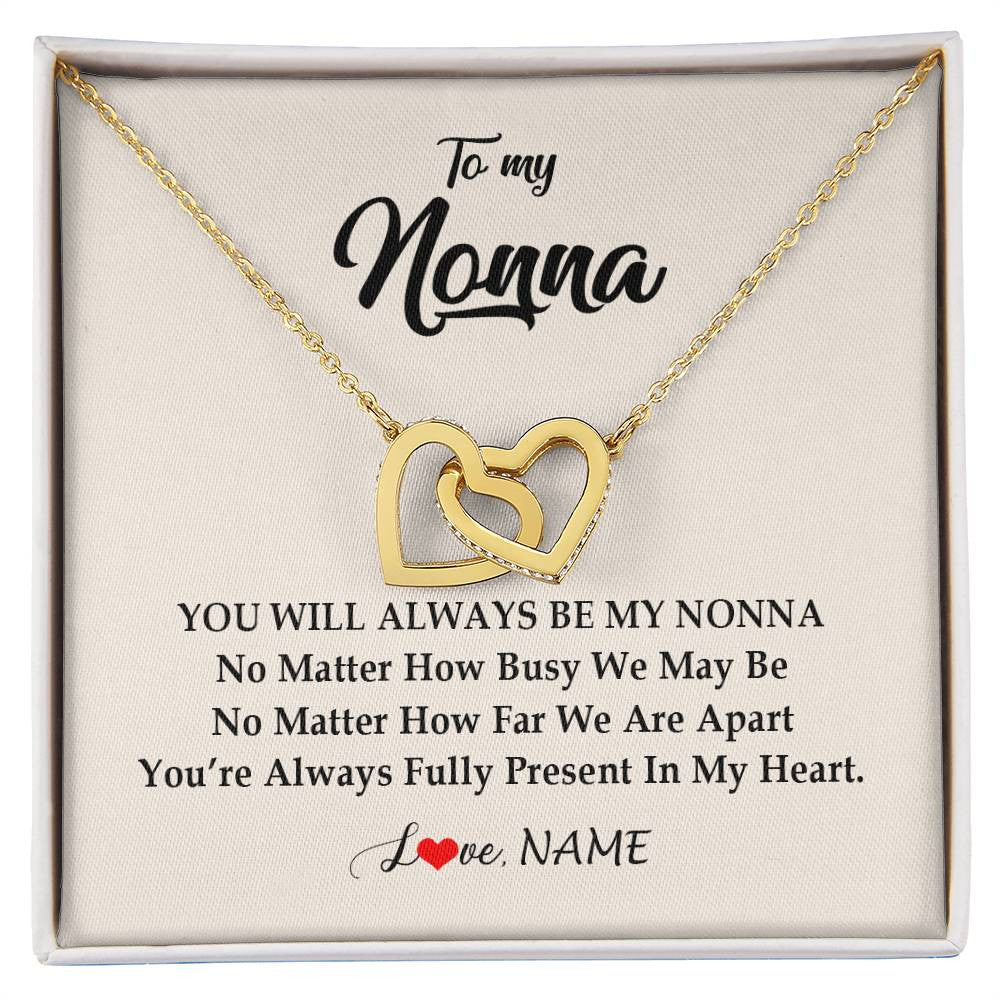 Interlocking Hearts Necklace 18K Yellow Gold Finish | Personalized Nonna Necklace From Grandkids Granddaughter Grandson You're Always In My Heart Nonna Birthday Mothers Day Jewelry Customized Gift Box Message Card | siriusteestore