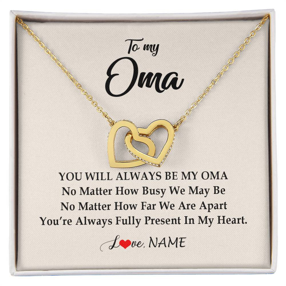 Interlocking Hearts Necklace 18K Yellow Gold Finish | Personalized Oma Necklace From Grandkids Granddaughter Grandson You're Always In My Heart Oma Birthday Mothers Day Christmas Customized Gift Box Message Card | siriusteestore
